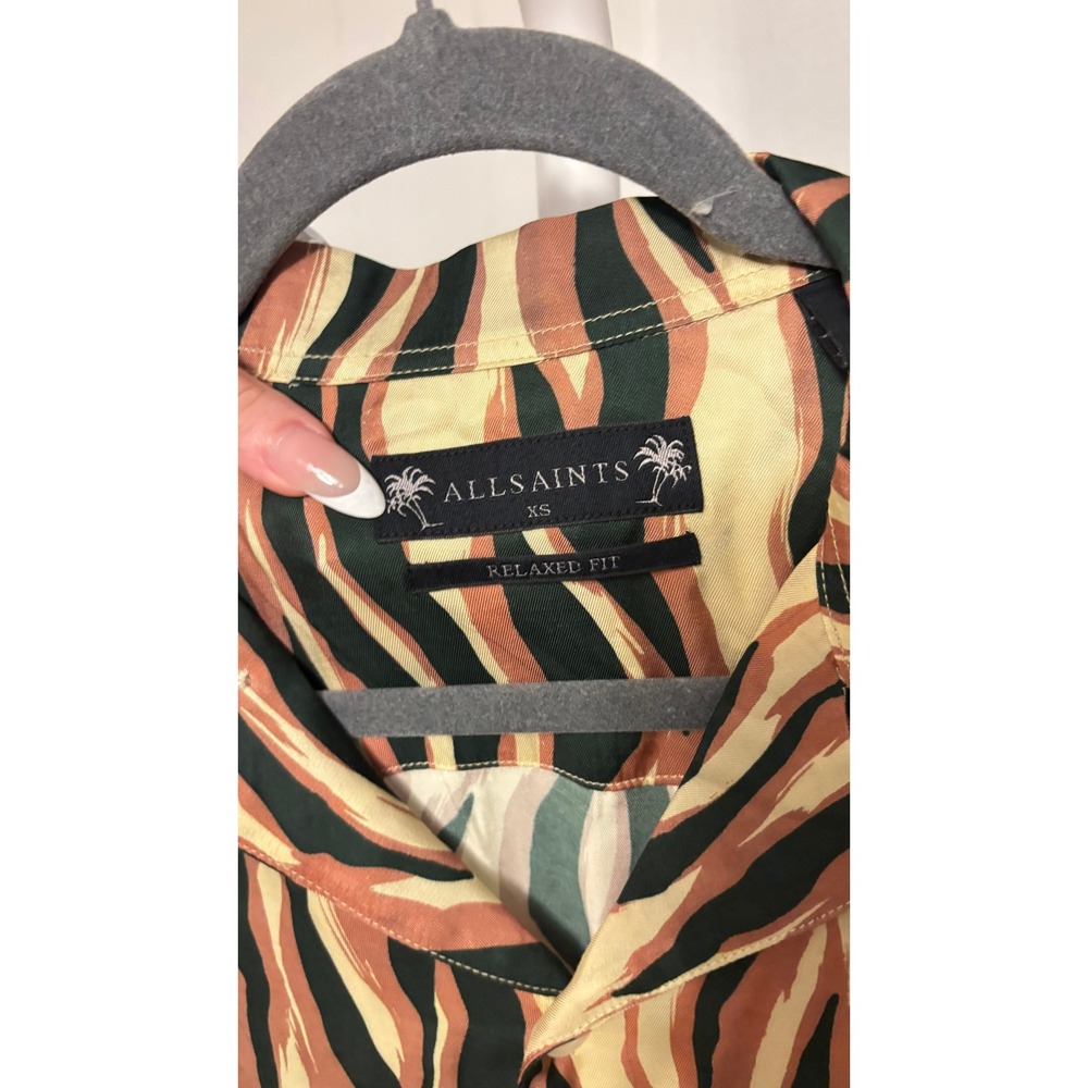 $199 NWT AllSaints Fired Camp Shirt Mens XS Brown Tiger Animal Print - Picture 9 of 11
